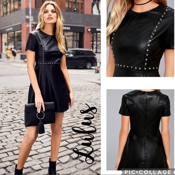 Lulus Dresses & Skirts - Lulus Black Vegana Leather Studded Skater Dress size S